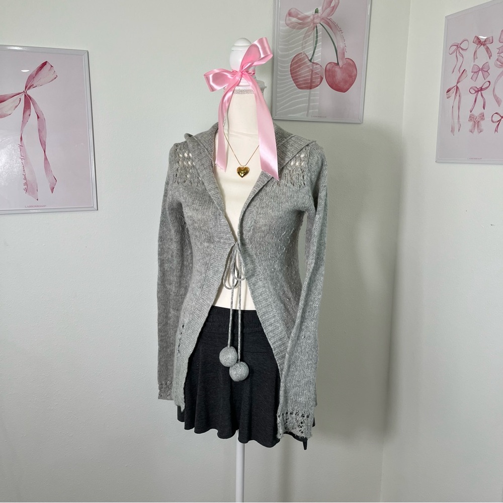 Vtg Y2K Old Navy Gray Knit Long Hooded Cardigan Wool Blend Pom Pom Womens Small
